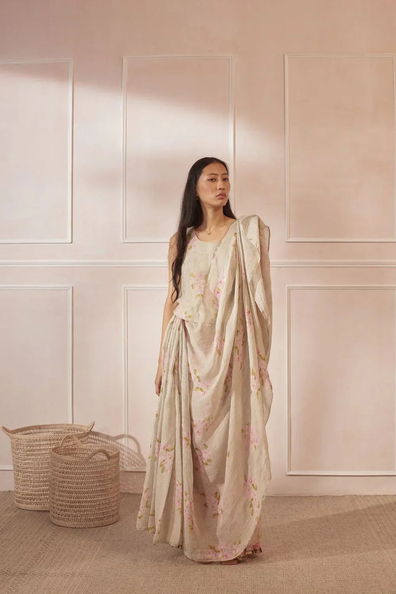 Bougainvillea Pale Green Linen Sari by Nadiya Paar in green color for women Worldwide