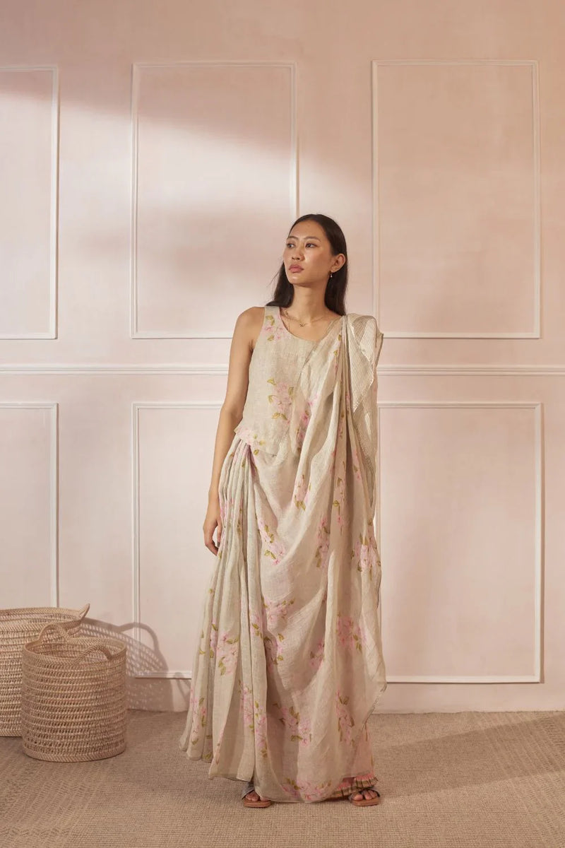 Bougainvillea Pale Green Linen Sari by Nadiya Paar in green color for women Worldwide
