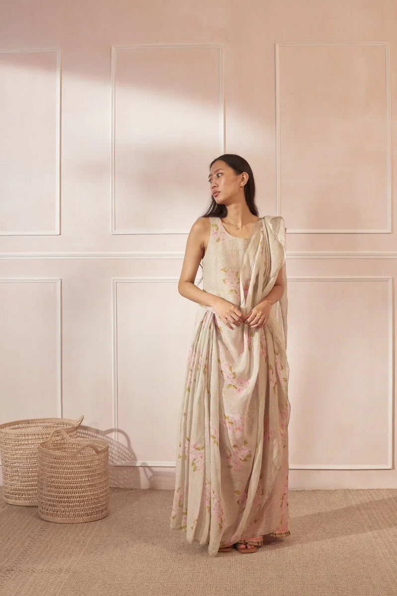 Bougainvillea Pale Green Linen Sari by Nadiya Paar in green color for women Worldwide