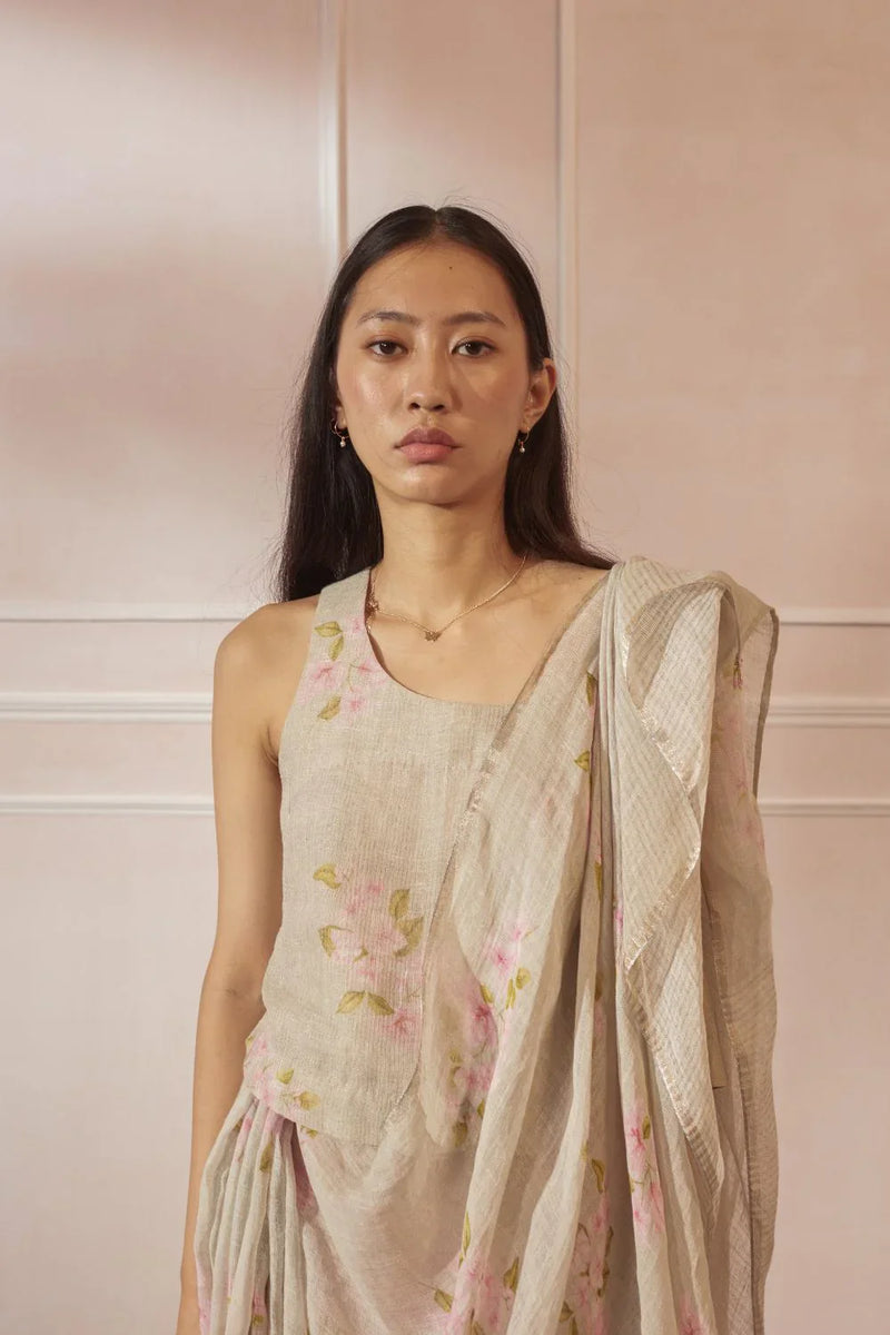 Bougainvillea Pale Green Linen Sari by Nadiya Paar in green color for women Worldwide