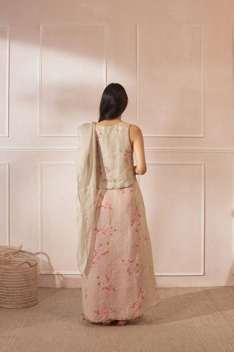 Bougainvillea Pale Green Linen Sari by Nadiya Paar in green color for women Worldwide