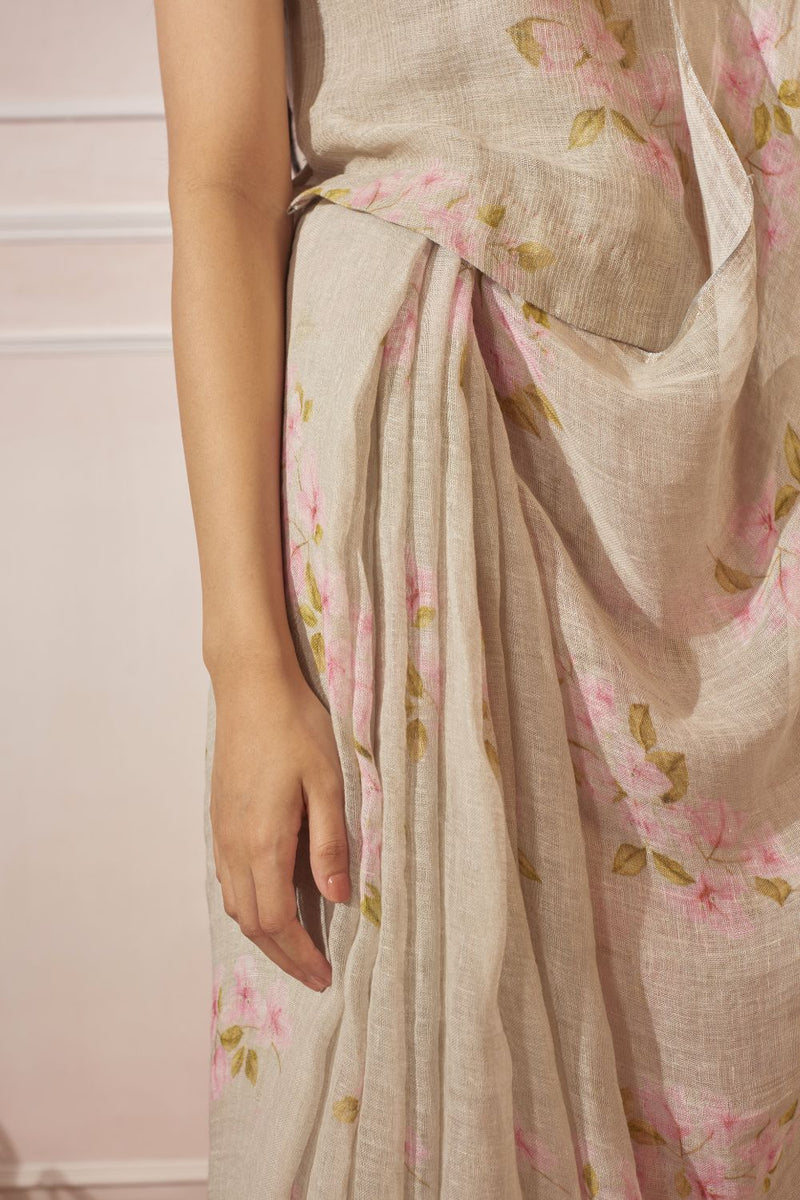 Bougainvillea Pale Green Linen Sari by Nadiya Paar in green color for women Worldwide