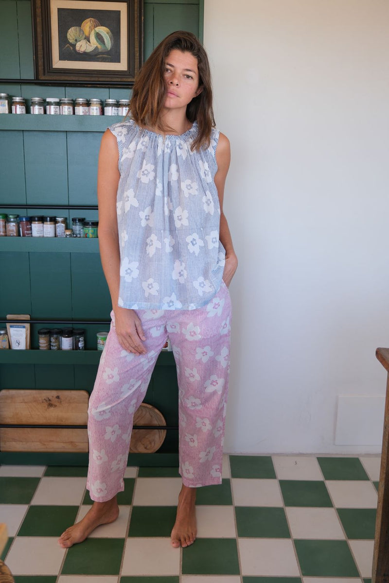 Breezy Bloom Pants hand block printed cotton. pant/trouser by World of Crow in pink for women Worldwide