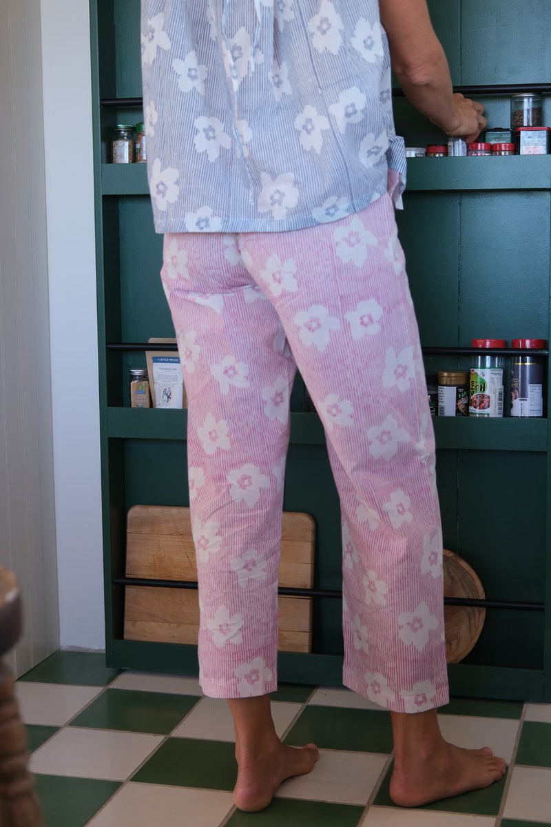 Breezy Bloom Pants hand block printed cotton. pant/trouser by World of Crow in pink for women Worldwide