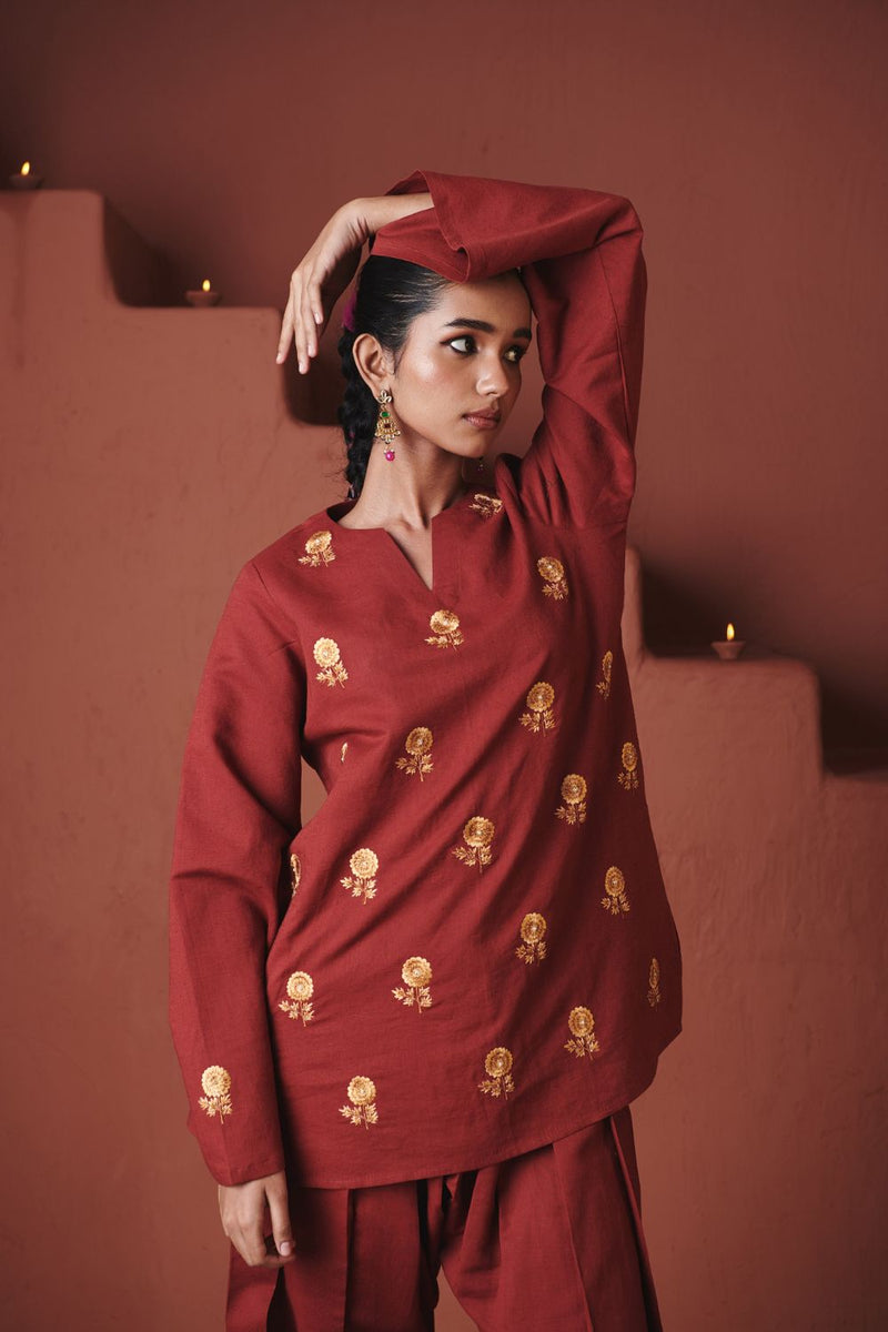 Brick Co Linen Farsi Kurta Set cotton by Saphed in red color for women Worldwide