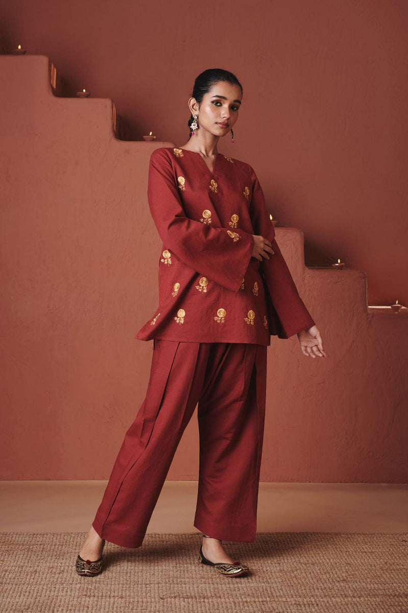 Brick Co Linen Farsi Kurta Set cotton by Saphed in red color for women Worldwide