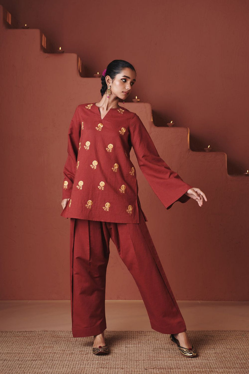 Brick Co Linen Farsi Kurta Set cotton by Saphed in red color for women Worldwide