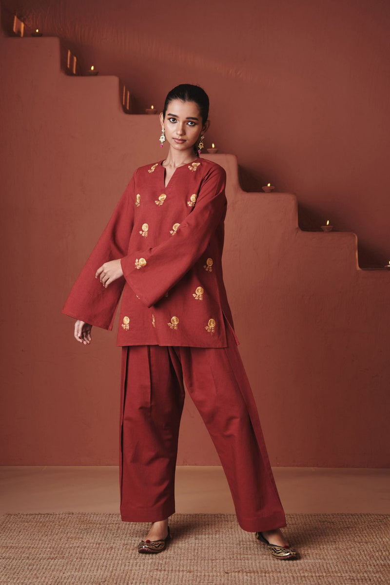 Brick Co Linen Farsi Kurta Set cotton by Saphed in red color for women Worldwide