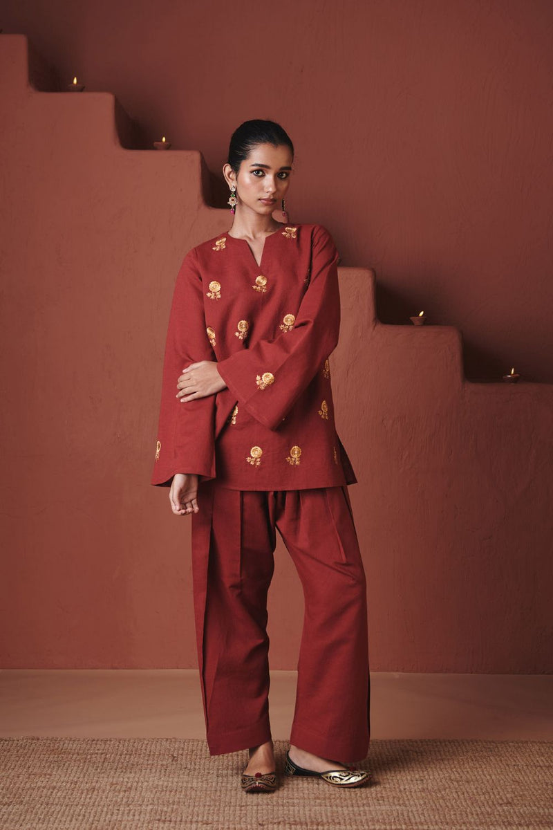 Brick Co Linen Farsi Kurta Set cotton by Saphed in red color for women Worldwide