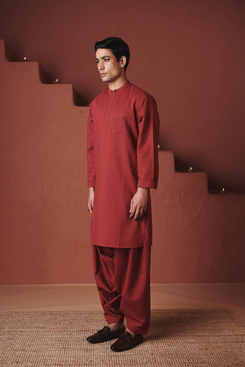 Brick Co Linen Men's Classic Kurta cotton by Saphed in red color for men Worldwide