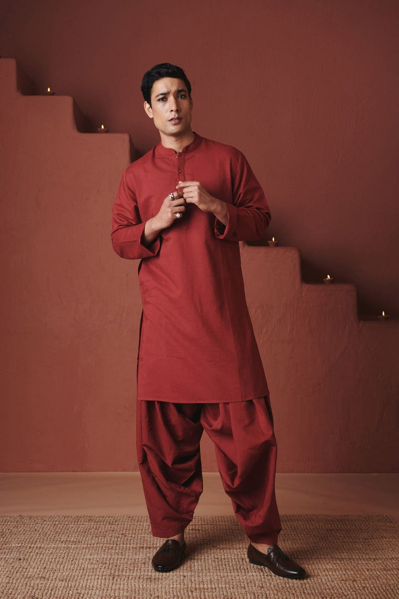 Brick Co Linen Men's Classic Kurta cotton by Saphed in red color for men Worldwide