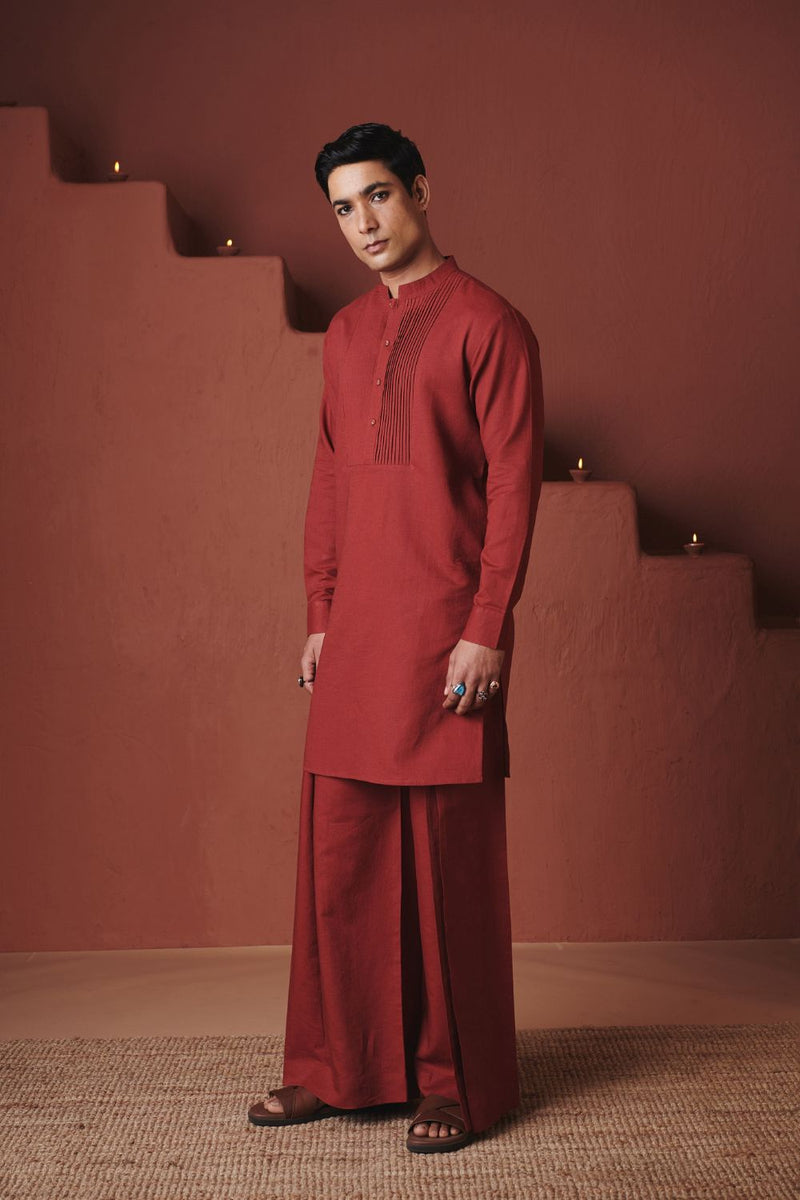 Brick Co Linen Men's Pleated Yoke Kurta Set cotton by Saphed in red color for men Worldwide