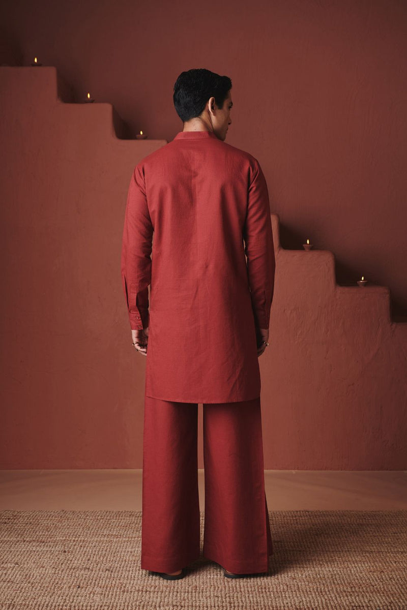 Brick Co Linen Men's Pleated Yoke Kurta Set cotton by Saphed in red color for men Worldwide