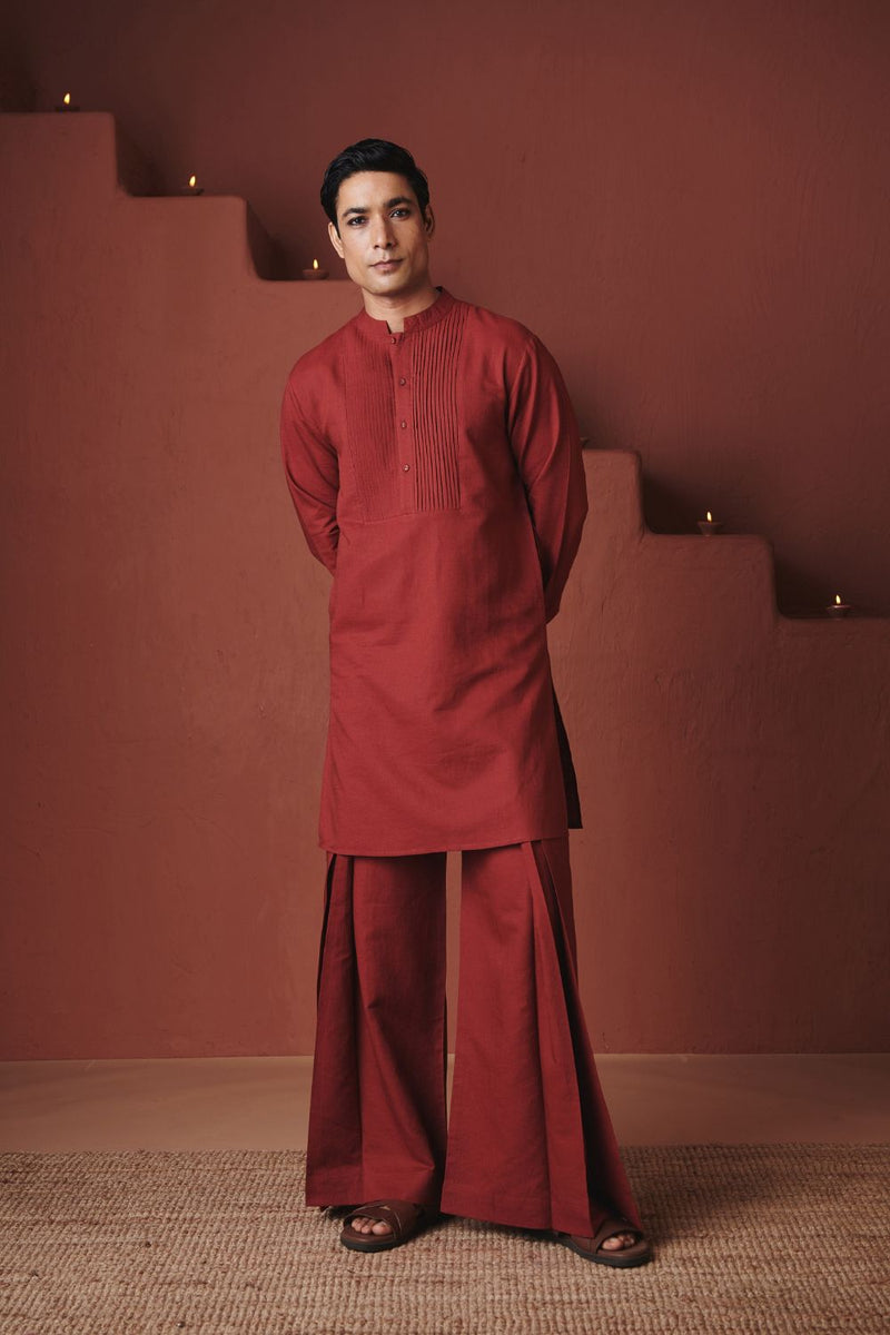 Brick Co Linen Men's Pleated Yoke Kurta Set cotton by Saphed in red color for men Worldwide