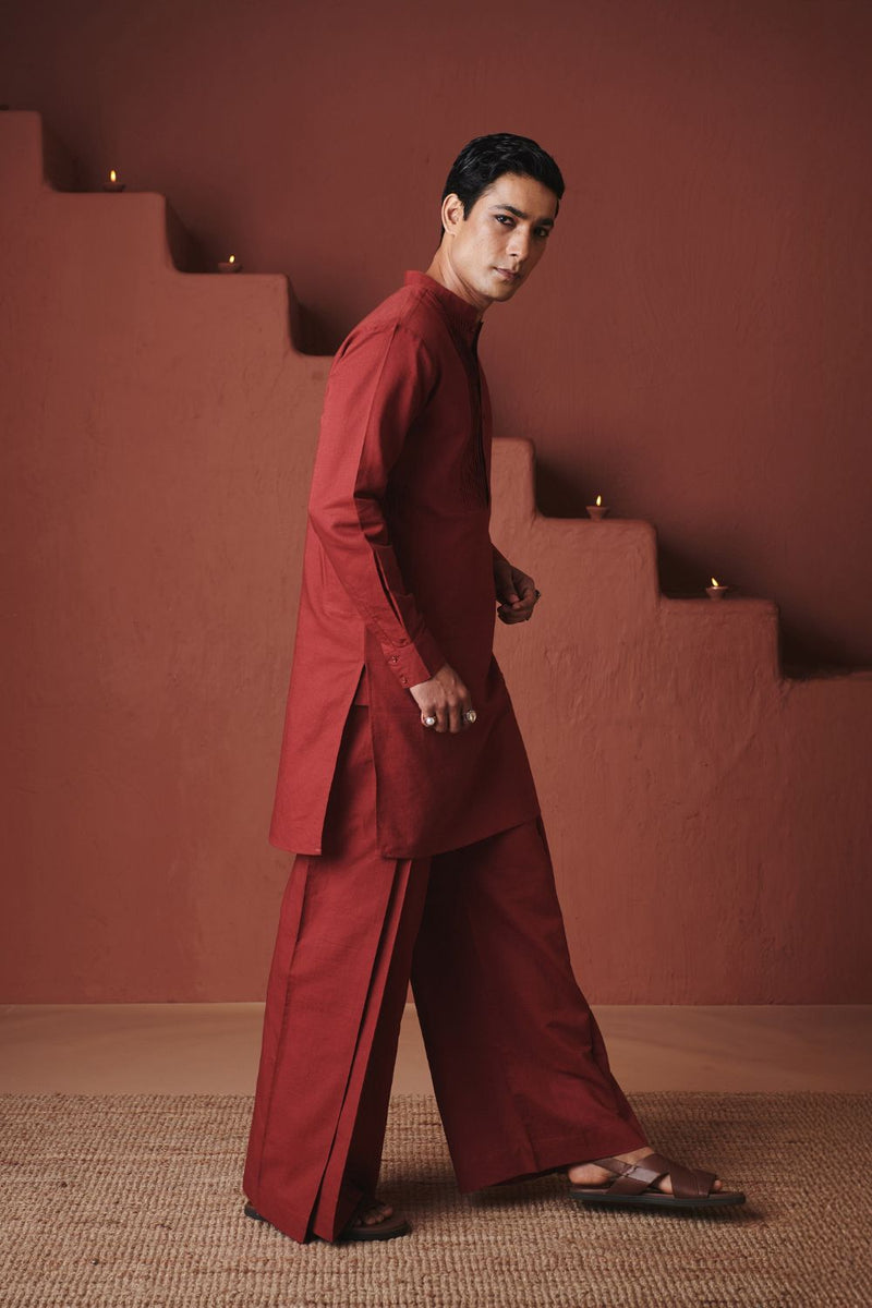 Brick Co Linen Men's Pleated Yoke Kurta Set cotton by Saphed in red color for men Worldwide