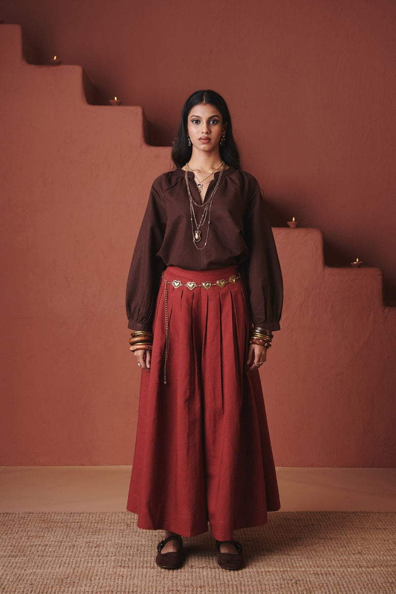 Brick Co Linen Multi Pleated Pants cotton by Saphed in red color for women Worldwide
