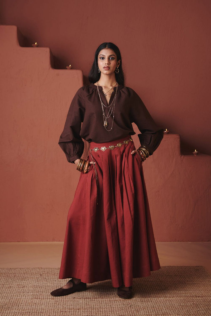 Brick Co Linen Multi Pleated Pants cotton by Saphed in red color for women Worldwide