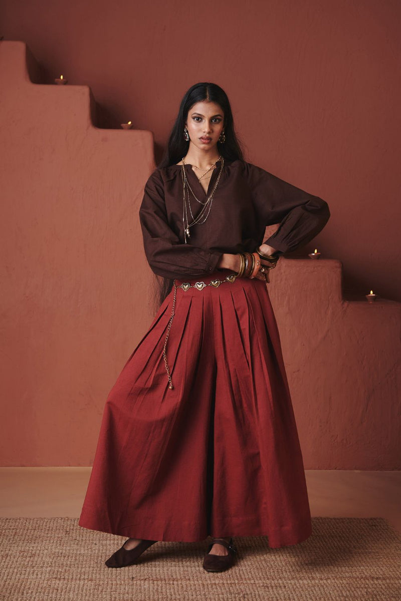 Brick Co Linen Multi Pleated Pants cotton by Saphed in red color for women Worldwide