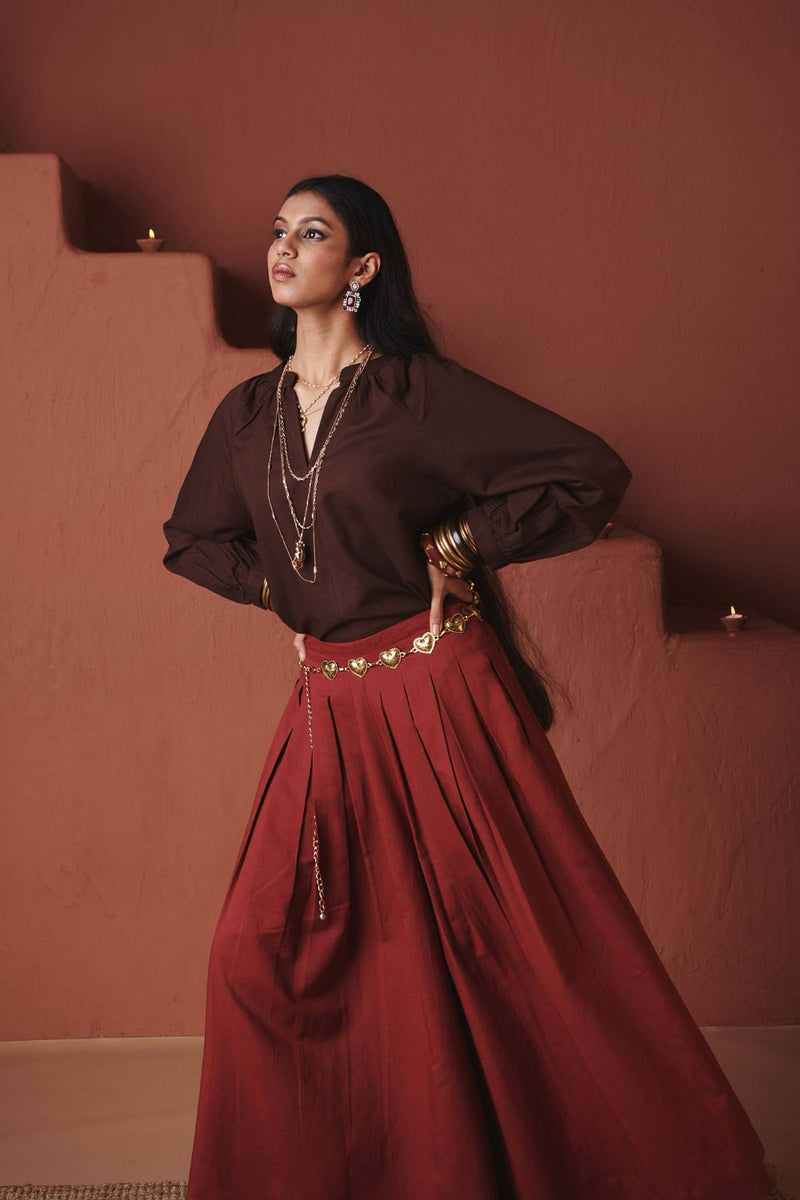 Brick Co Linen Multi Pleated Pants cotton by Saphed in red color for women Worldwide