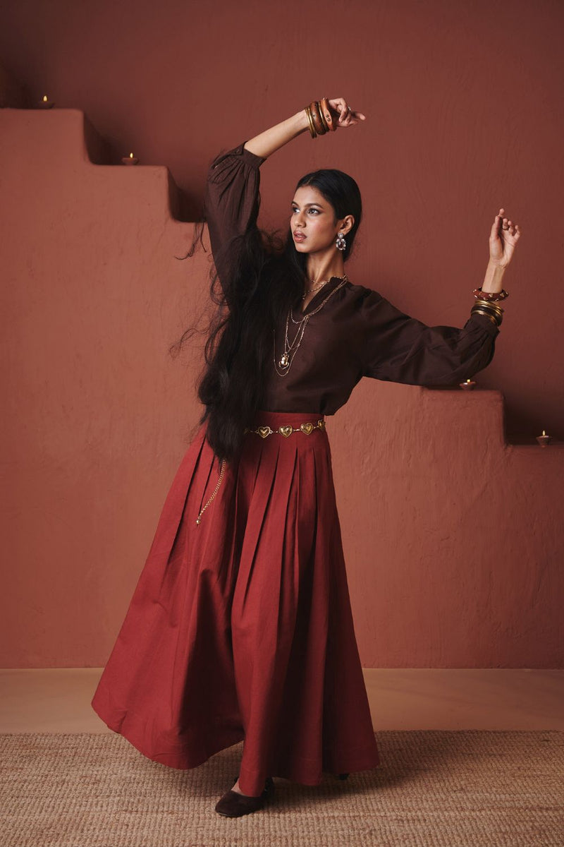 Brick Co Linen Multi Pleated Pants cotton by Saphed in red color for women Worldwide