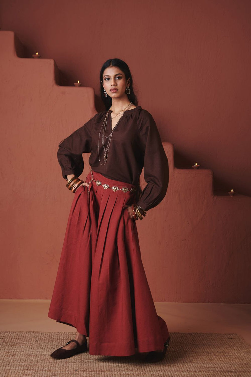 Brick Co Linen Multi Pleated Pants cotton by Saphed in red color for women Worldwide