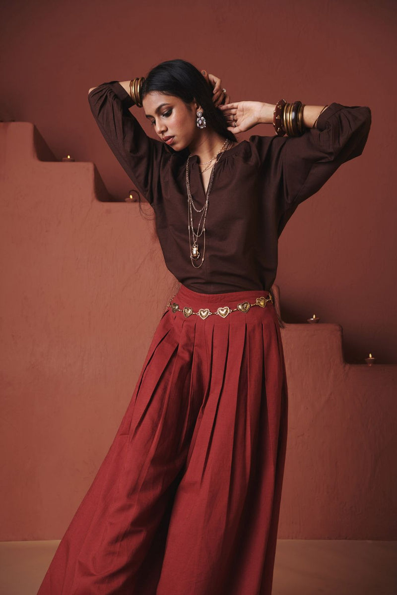 Brick Co Linen Multi Pleated Pants cotton by Saphed in red color for women Worldwide
