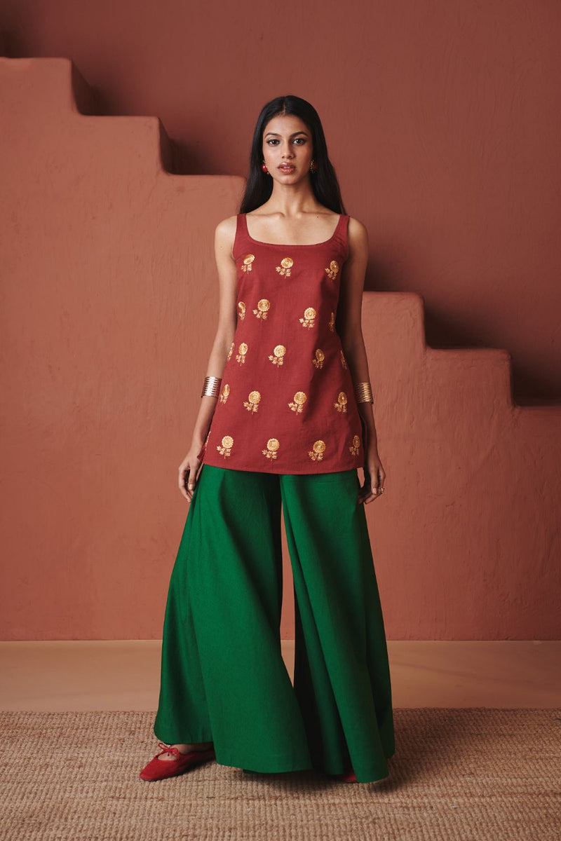Brick Paan Co Linen Sleeveless Sharara Set cotton by Saphed in multi color for women Worldwide