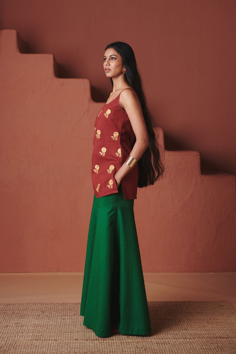 Brick Paan Co Linen Sleeveless Sharara Set cotton by Saphed in multi color for women Worldwide