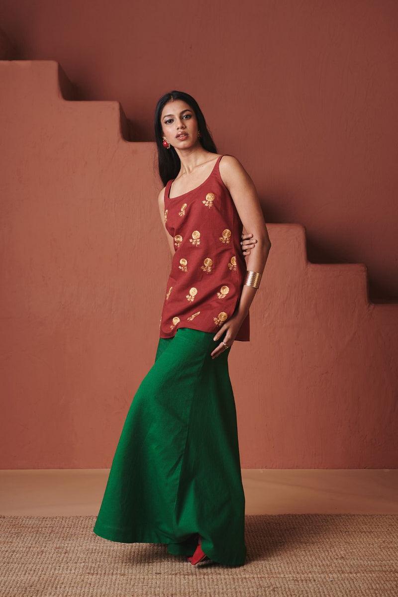 Brick Paan Co Linen Sleeveless Sharara Set cotton by Saphed in multi color for women Worldwide