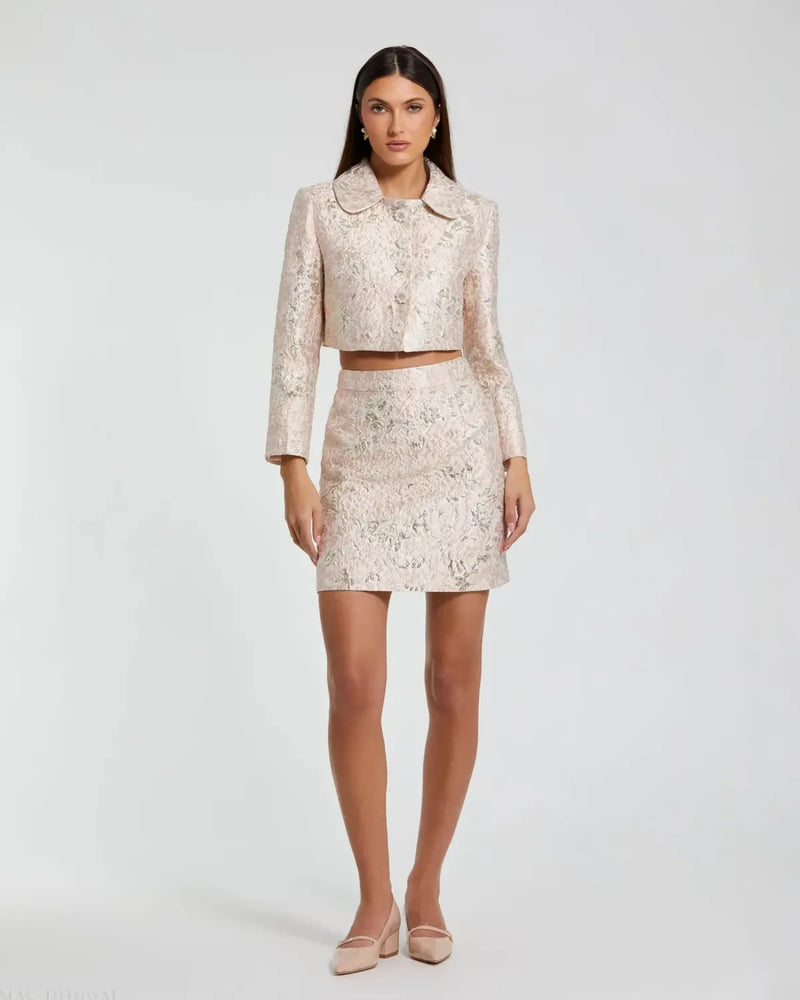 Pink Brocade Mini Skirt brocade by Mac Duggal in blush color for women Worldwide