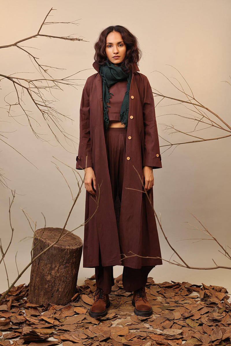 Brown Cali Trench Jacket Set (3 PCS) 100% cotton by Mati in brown color for women Worldwide