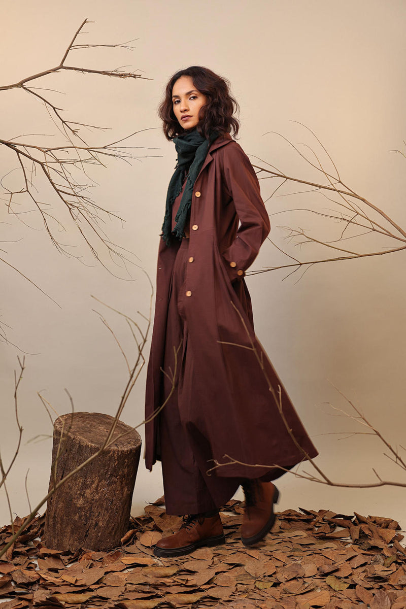 Brown Cali Trench Jacket 100% cotton by Mati in brown color for women Worldwide