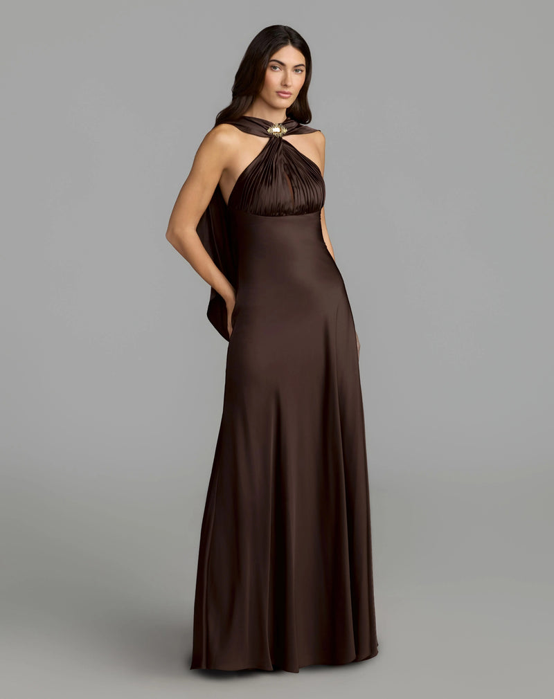 27878-Brown Charmeuse Cowl Back Halter Gown polyester evening-gowns by Mac Duggal in brown for women Worldwide