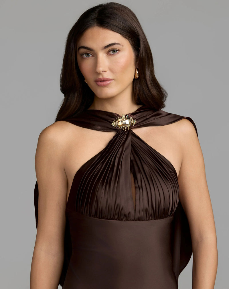 27878-Brown Charmeuse Cowl Back Halter Gown polyester evening-gowns by Mac Duggal in brown for women Worldwide