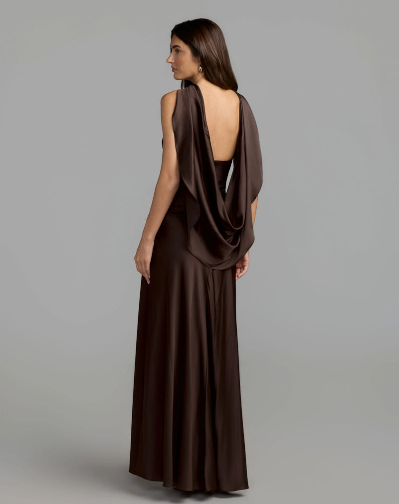27878-Brown Charmeuse Cowl Back Halter Gown polyester evening-gowns by Mac Duggal in brown for women Worldwide