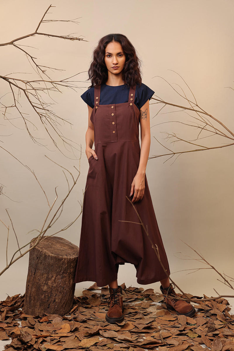 Brown Dungarees 100% cotton by Mati in brown color for women Worldwide