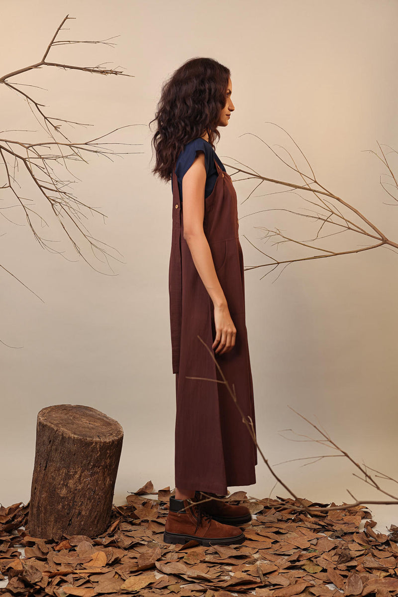 Brown Dungarees 100% cotton by Mati in brown color for women Worldwide