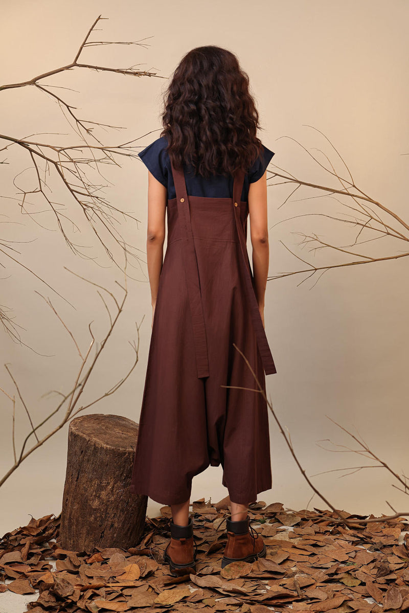 Brown Dungarees 100% cotton by Mati in brown color for women Worldwide