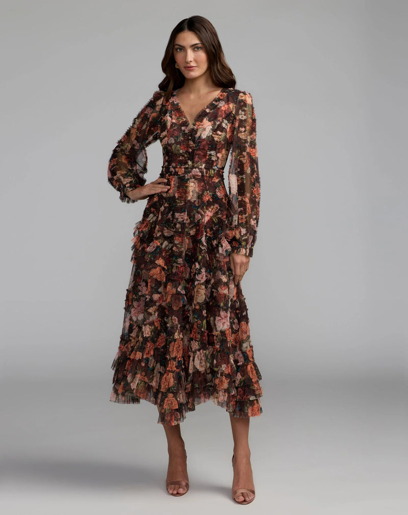 8509-Brown Floral Long Sleeve Mirco Ruffle Midi Dress polyester cocktail-and-party-dresses by Mac Duggal in multi-color for women Worldwide