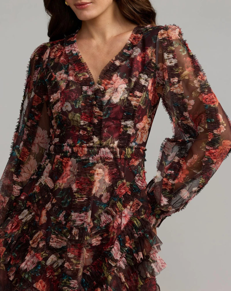 8509-Brown Floral Long Sleeve Mirco Ruffle Midi Dress polyester cocktail-and-party-dresses by Mac Duggal in multi-color for women Worldwide