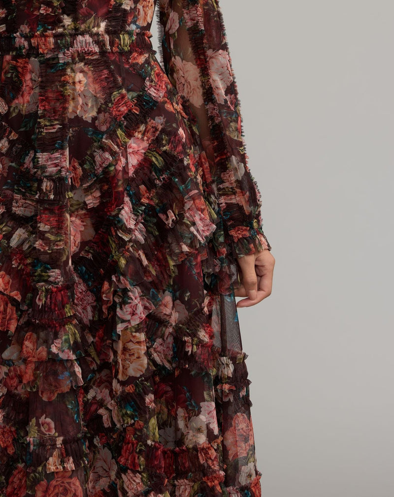 8509-Brown Floral Long Sleeve Mirco Ruffle Midi Dress polyester cocktail-and-party-dresses by Mac Duggal in multi-color for women Worldwide