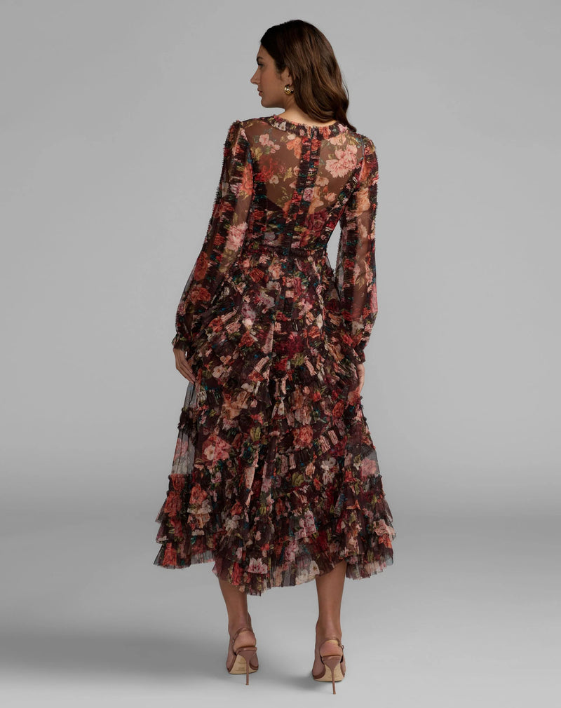 8509-Brown Floral Long Sleeve Mirco Ruffle Midi Dress polyester cocktail-and-party-dresses by Mac Duggal in multi-color for women Worldwide