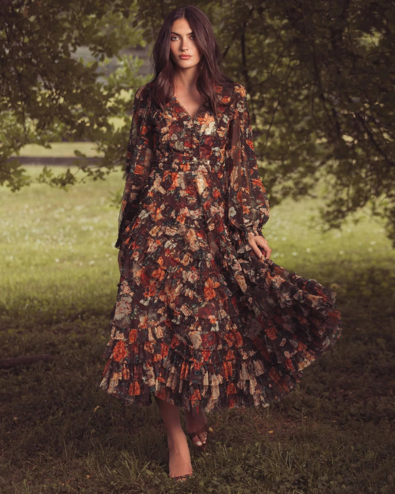 8509-Brown Floral Long Sleeve Mirco Ruffle Midi Dress polyester cocktail-and-party-dresses by Mac Duggal in multi-color for women Worldwide