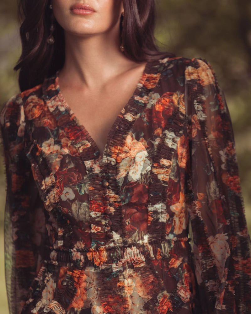 8509-Brown Floral Long Sleeve Mirco Ruffle Midi Dress polyester cocktail-and-party-dresses by Mac Duggal in multi-color for women Worldwide