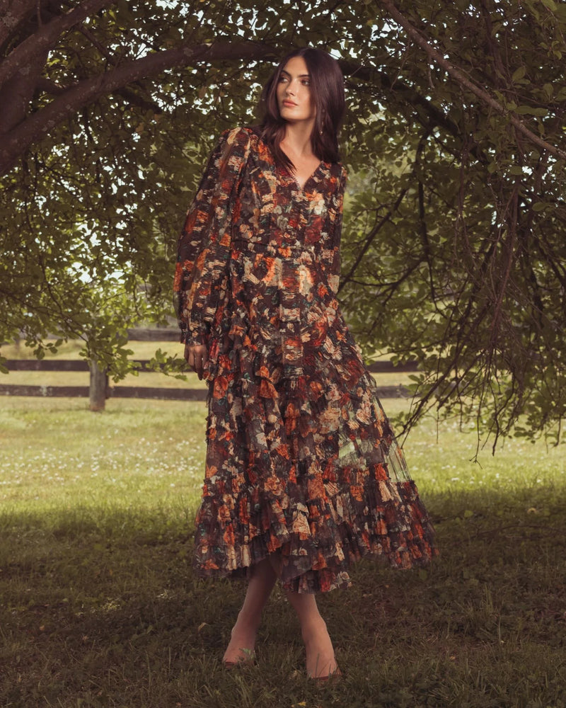 8509-Brown Floral Long Sleeve Mirco Ruffle Midi Dress polyester cocktail-and-party-dresses by Mac Duggal in multi-color for women Worldwide