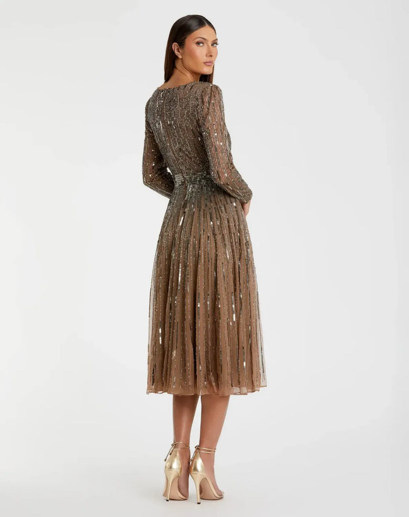 Brown Long Sleeve Tea Length Dress by Mac Duggal for women Worldwide