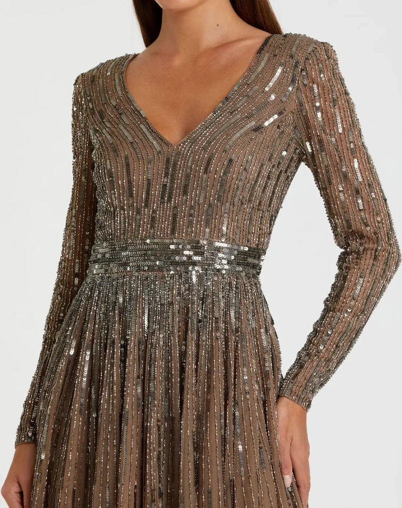 Brown Long Sleeve Tea Length Dress by Mac Duggal for women Worldwide