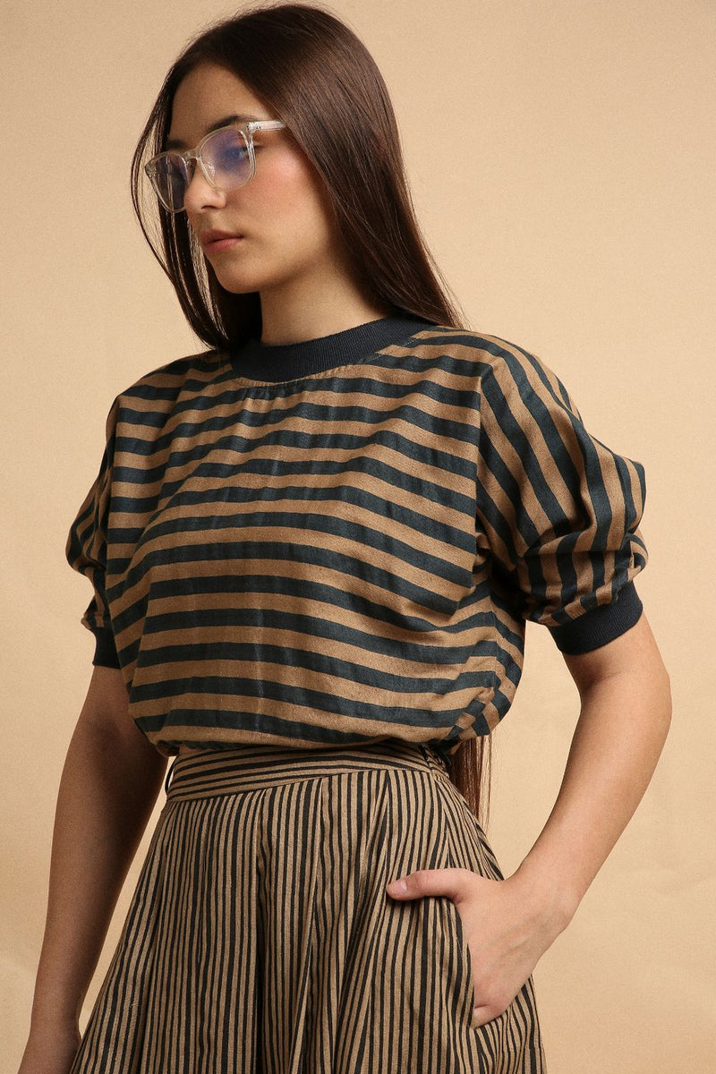 Brown Med Striped New Sphara Crop Top 100% cotton by Mati in brown color for women Worldwide