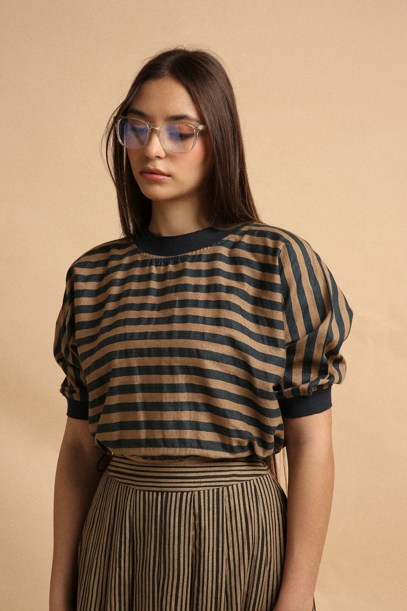 Brown Med Striped New Sphara Crop Top 100% cotton by Mati in brown color for women Worldwide