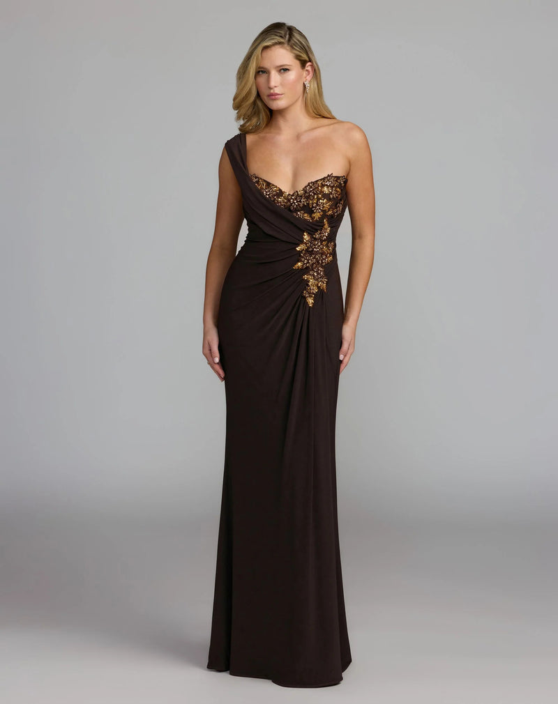 13243-Brown One Shoulder Embellished Jersey Gown polyester evening-gowns by Mac Duggal in brown for women Worldwide